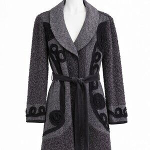 Joseph Ribkoff Textured Belted Jacket Coat Gray Black Appliqué Longline Size 10